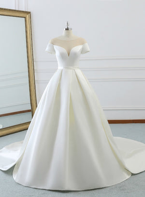 White Satin Scoop Neck Wedding Dress