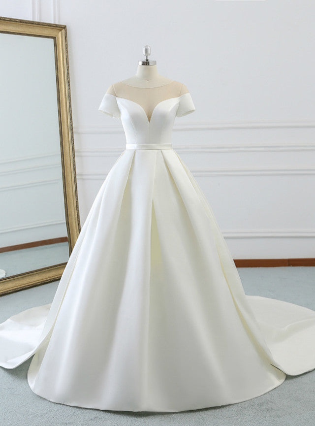 White Satin Scoop Neck Wedding Dress