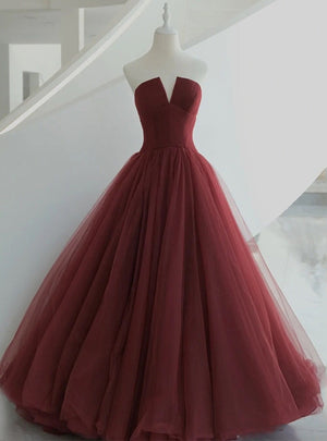 Burgundy Tulle Pleats Prom Dress