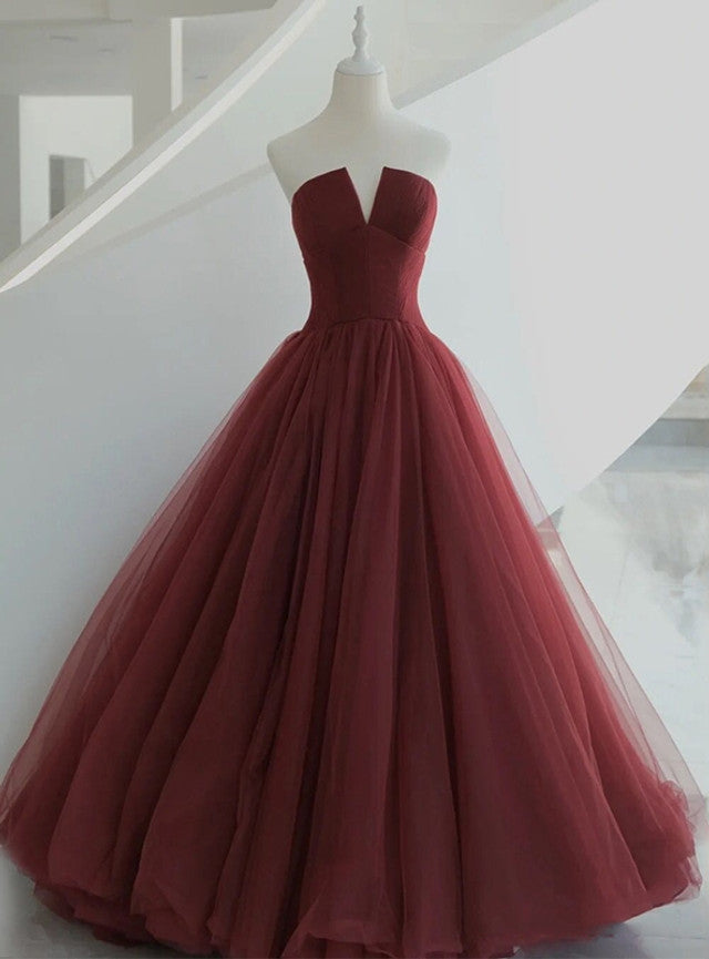 Burgundy Tulle Pleats Prom Dress