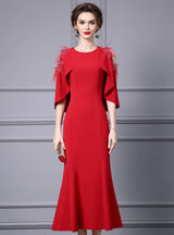 Red Scoop Neck Sequins Mother Of The Bride Dress