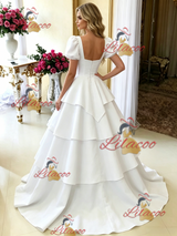White Square Neck Puff Sleeve Wedding Dress