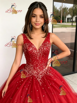 Red Tulle V-neck Beading Quinceanera Dress
