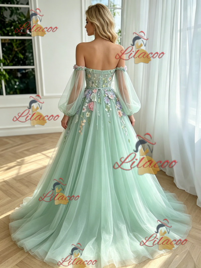 Green Tulle Long Sleeve Appliques Prom Dress