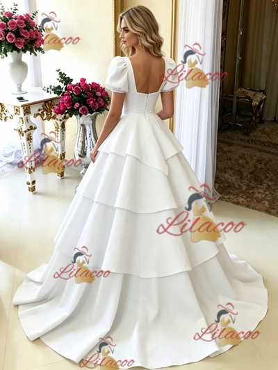 White Square Neck Puff Sleeve Wedding Dress