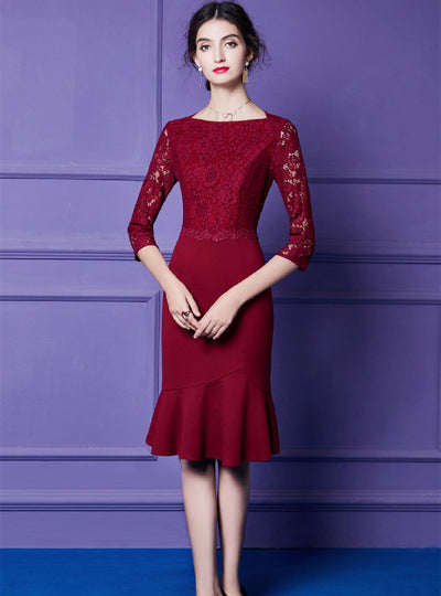 Burgundy Lace Short Sleeve Mother Of The Bride Dress