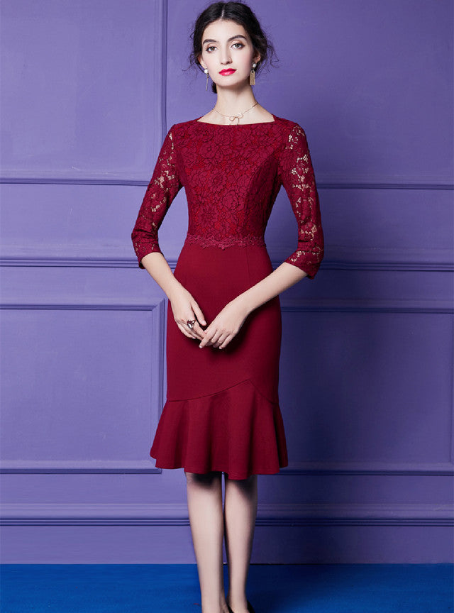 Burgundy Lace Short Sleeve Mother Of The Bride Dress