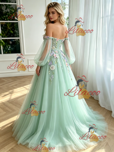 Green Tulle Long Sleeve Appliques Prom Dress