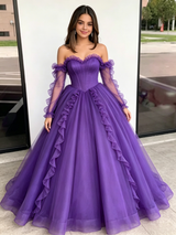 Purple Tulle Strapless Pleats Quinceanera Dress