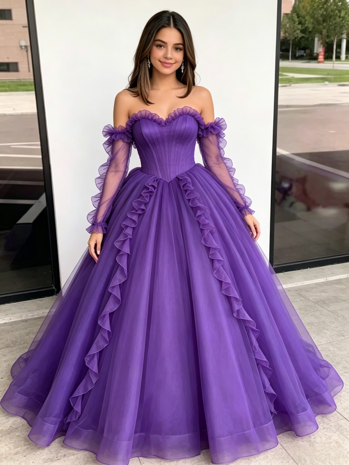 Purple Tulle Strapless Pleats Quinceanera Dress