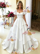 White Square Neck Puff Sleeve Wedding Dress