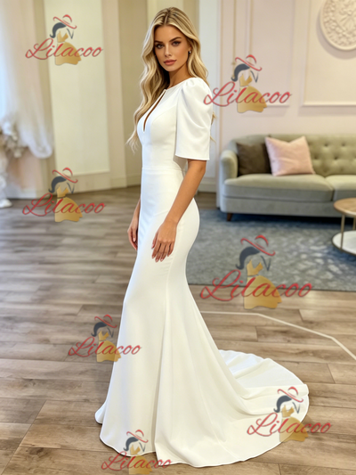 White Mermaid Short Sleeve Wedding Dress