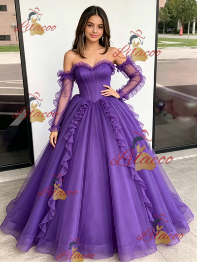 Purple Tulle Strapless Pleats Quinceanera Dress