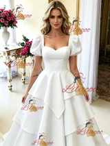 White Square Neck Puff Sleeve Wedding Dress