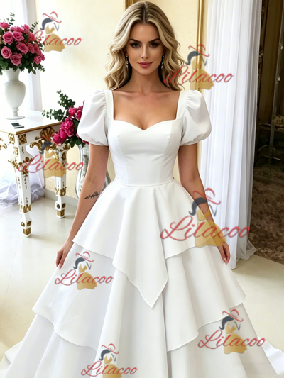 White Square Neck Puff Sleeve Wedding Dress
