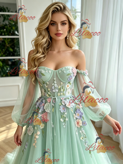 Green Tulle Long Sleeve Appliques Prom Dress