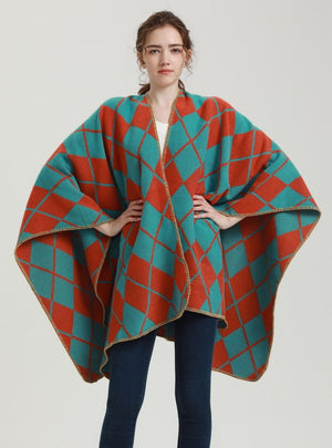 Ethnic Diamond Cashmere-like Split Cloak Coat
