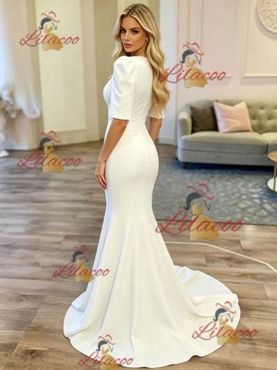 White Mermaid Short Sleeve Wedding Dress