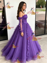 Purple Tulle Strapless Pleats Quinceanera Dress