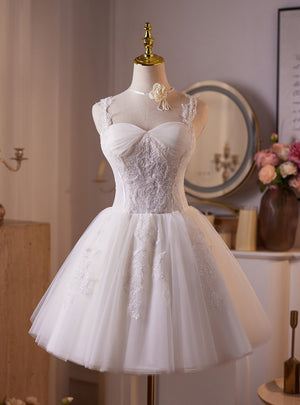 White Tulle Straps Appliques Beading Homecoming Dress