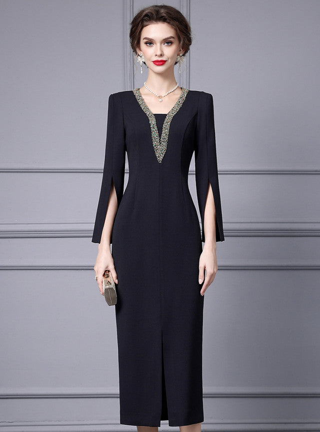Black Long Sleeve V-neck Mother Of The Bride Dress