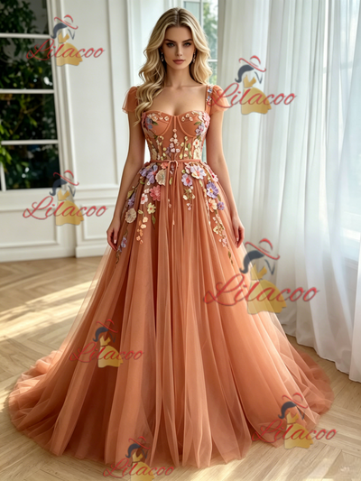 Fashion Tulle Straps Appliques Prom Dress