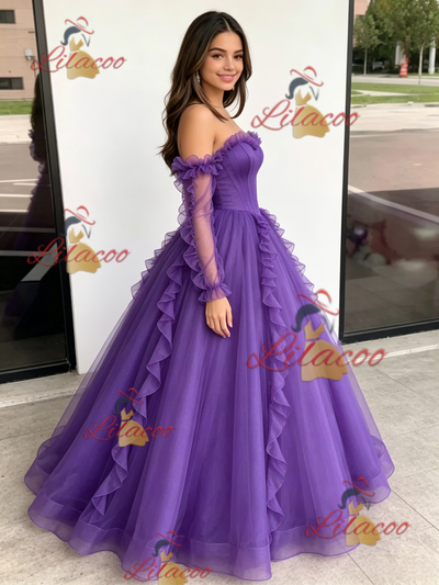 Purple Tulle Strapless Pleats Quinceanera Dress