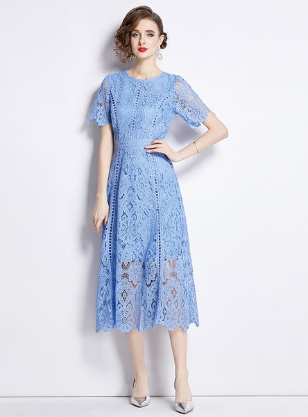 Retro Round Neck Lotus Leaf Sleeve Lace Dress