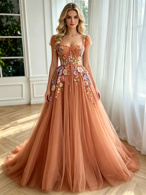 Fashion Tulle Straps Appliques Prom Dress
