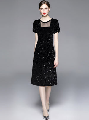 Black Sequined Short Sleeve Dress