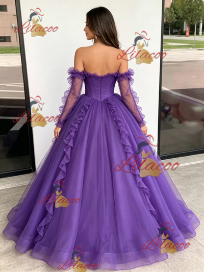 Purple Tulle Strapless Pleats Quinceanera Dress
