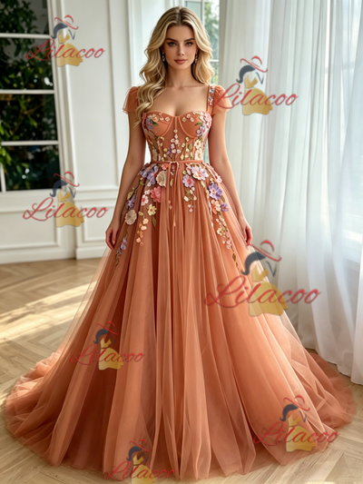 Fashion Tulle Straps Appliques Prom Dress