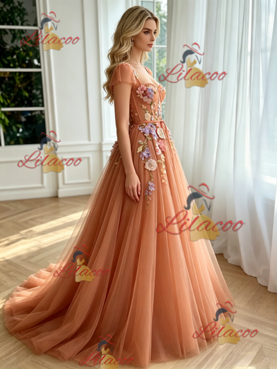 Fashion Tulle Straps Appliques Prom Dress
