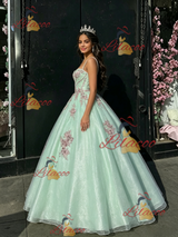 Green Tulle Spaghetti Straps Appliques Quinceanera Dress