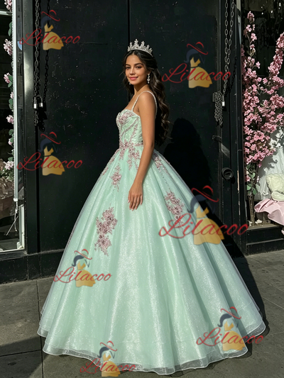 Green Tulle Spaghetti Straps Appliques Quinceanera Dress