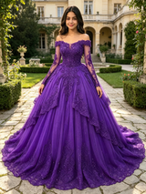 Purple Tulle Off the Shoulder Appliques Quinceanera Dress