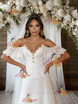 White Lace V-neck Wedding Dress