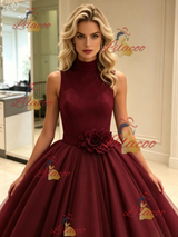 Burgundy Tulle High Neck Flower Prom Dress