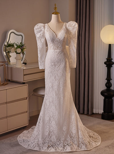 White Mermaid Lace V-neck Long Sleeve Wedding Dress