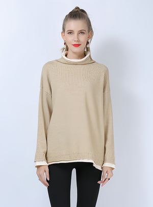 Pile Neck Elastic Knitted Loose Pullover Shirt