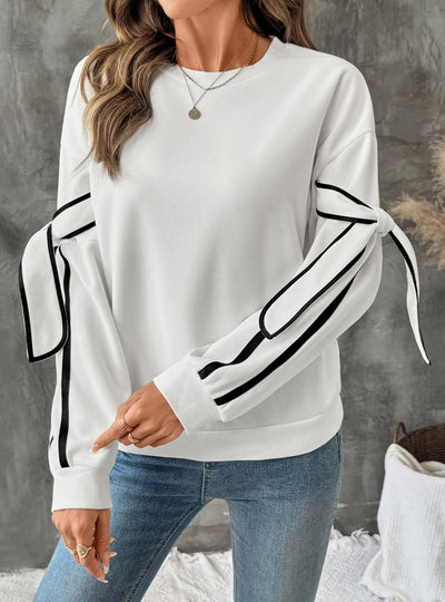Contrast Bow Round Neck Long Sleeve Top