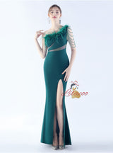One Shoulder Split Beading Prom Dress