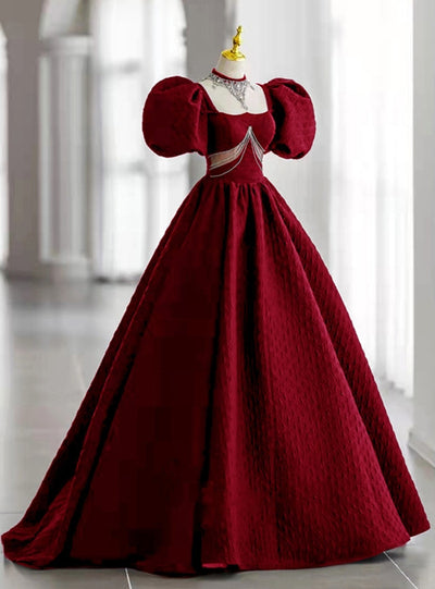 Black Square Puff Sleeve Beading Prom Dress