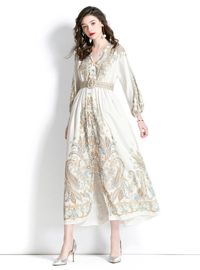 Retro Palace Style V-neck Lantern Sleeve Printed Dress
