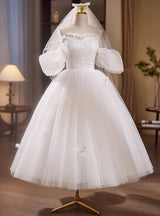 White Tulle Puff Sleeve Wedding Dress