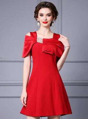 Red Straps Pearls Mother Of The Bride Dress