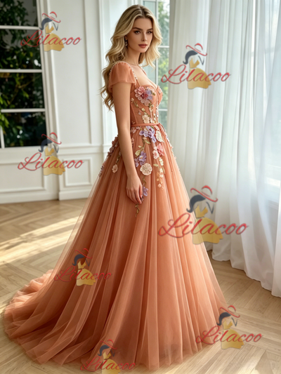 Fashion Tulle Straps Appliques Prom Dress