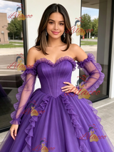 Purple Tulle Strapless Pleats Quinceanera Dress