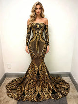 Gold Mermaid Sequins Long Sleeve Prom Dress