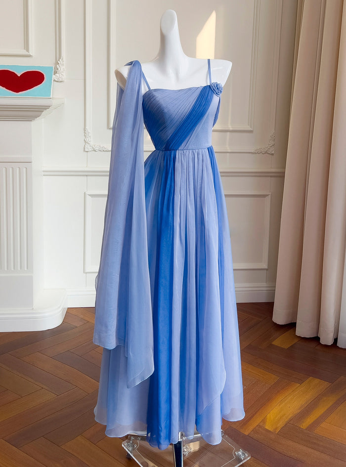 Blue Chiffon Spaghetti Straps Pleats Prom Dress